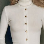 Gold Button High-neck Striped White Slim-fit Long-sleeved Sweater