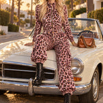 Fashionable And Casual Pink Leopard Print Velvet Jumpsuit