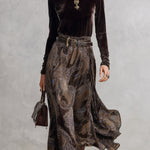 Vintage-style Dark Drown Long-sleeve T-shirt and Paisley Print Velvet Skirt Set