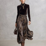 Vintage-style Dark Drown Long-sleeve T-shirt and Paisley Print Velvet Skirt Set