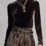 Vintage-style Dark Drown Long-sleeve T-shirt and Paisley Print Velvet Skirt Set
