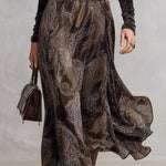 Vintage-style Dark Drown Long-sleeve T-shirt and Paisley Print Velvet Skirt Set
