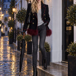 Fashionable Retro Burgundy Faux Feather Hem Black Wool Blend Coat
