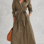 Olive Green Pinstripe Long Sleeve Button-Front Belted Midi Dress