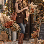 Stylish Retro Belted Leopard Print Faux Fur Collar Brown Wool Blend Vest
