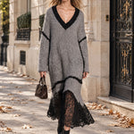 Loose-fitting V-neck Shimmering Lace Grey Mohair Knit Midi Dress