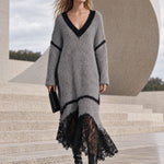 Loose-fitting V-neck Shimmering Lace Grey Mohair Knit Midi Dress