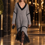 Loose-fitting V-neck Shimmering Lace Grey Mohair Knit Midi Dress
