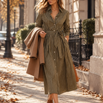 Olive Green Pinstripe Long Sleeve Button-Front Belted Midi Dress