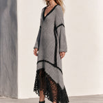 Loose-fitting V-neck Shimmering Lace Grey Mohair Knit Midi Dress