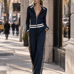Chic & Casual Striped & Leopard-Print Trim Navy Cotton Jumpsuit