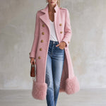 Elegant Military Double-Breasted Pink Wool Blend Faux Fur Hem Long Coat