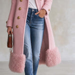 Elegant Military Double-Breasted Pink Wool Blend Faux Fur Hem Long Coat