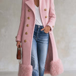 Elegant Military Double-Breasted Pink Wool Blend Faux Fur Hem Long Coat
