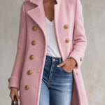 Elegant Military Double-Breasted Pink Wool Blend Faux Fur Hem Long Coat