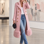 Elegant Military Double-Breasted Pink Wool Blend Faux Fur Hem Long Coat