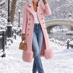 Elegant Military Double-Breasted Pink Wool Blend Faux Fur Hem Long Coat