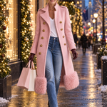 Elegant Military Double-Breasted Pink Wool Blend Faux Fur Hem Long Coat