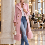 Elegant Military Double-Breasted Pink Wool Blend Faux Fur Hem Long Coat