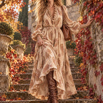 Stylish Retro Brown Ruffled V-Neck Paisley Velvet Print Maxi Dress
