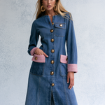 Elegant Vintage Tweed Trim Gold Button Front Denim Midi Dress