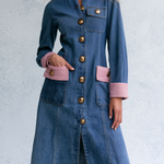 Elegant Vintage Tweed Trim Gold Button Front Denim Midi Dress