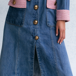 Elegant Vintage Tweed Trim Gold Button Front Denim Midi Dress