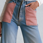 Retro Patchwork Pink Pocket High Waist Zip Fly Flare Jeans