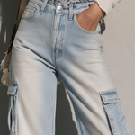Relaxed Vintage Light Wash Frayed Waist Cargo Wide Leg Jeans