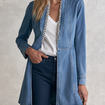 Elegant Chic Pearl Trim Open Front Longline Denim Duster Jacket