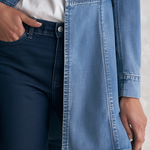 Elegant Chic Pearl Trim Open Front Longline Denim Duster Jacket