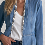 Elegant Chic Pearl Trim Open Front Longline Denim Duster Jacket