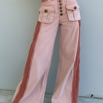 Vintage Military Pink High Waist Button Fly Fringe Hem Wide Leg Jeans