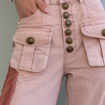 Vintage Military Pink High Waist Button Fly Fringe Hem Wide Leg Jeans