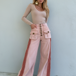 Vintage Military Pink High Waist Button Fly Fringe Hem Wide Leg Jeans