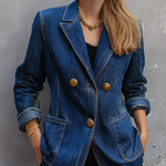 Vintage Chic Dark Wash Gold Button Tailored Denim Blazer