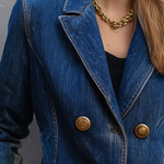 Vintage Chic Dark Wash Gold Button Tailored Denim Blazer
