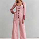 Retro Romantic Pink Sweetheart Neck Button Front Wide Leg Denim Jumpsuit