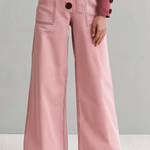 Retro Romantic Pink Sweetheart Neck Button Front Wide Leg Denim Jumpsuit