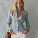 Vintage Military Light Wash Double Breasted Gold Button Peplum Denim Jacket
