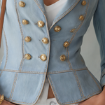 Vintage Military Light Wash Double Breasted Gold Button Peplum Denim Jacket