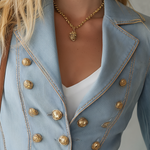 Vintage Military Light Wash Double Breasted Gold Button Peplum Denim Jacket