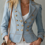 Vintage Military Light Wash Double Breasted Gold Button Peplum Denim Jacket