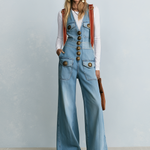 Retro Western Light Wash Button Front Fringe Hem Wide Leg Denim Overalls