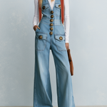 Retro Western Light Wash Button Front Fringe Hem Wide Leg Denim Overalls