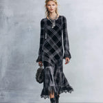 Elegant Lace-Trimmed Black Plaid Lace-Trimmed Velvet Midi Dress
