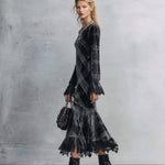 Elegant Lace-Trimmed Black Plaid Lace-Trimmed Velvet Midi Dress