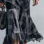 Elegant Lace-Trimmed Black Plaid Lace-Trimmed Velvet Midi Dress