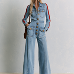 Retro Western Red Stripe Sleeve Button Front Wide Leg Denim Jumpsuit