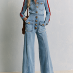 Retro Western Red Stripe Sleeve Button Front Wide Leg Denim Jumpsuit